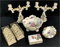 Vintage Dresden Candle Stands, Bowl, Napkin Rings