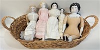 5 ANTIQUE CHINA HEAD DOLLS IN GOOD ORDER