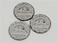 3 Old Canadian Nickels 1952/1953/1954