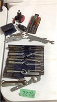 Assorted wrenches screwdrivers, bits, more