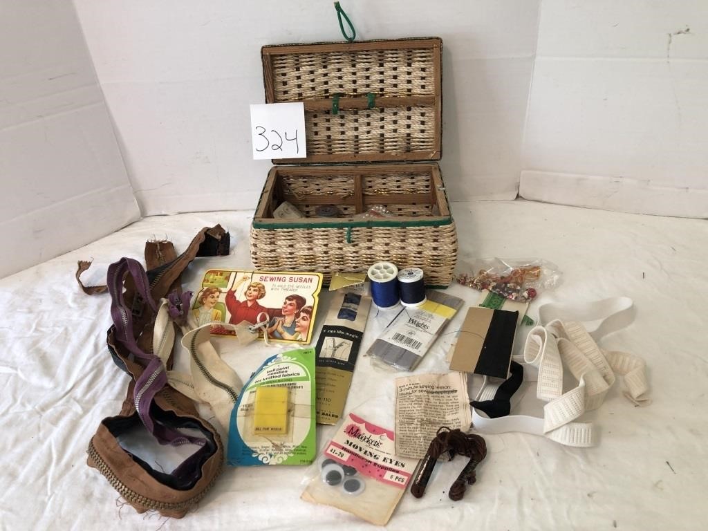 Sewing supplies with wicker type basket/box