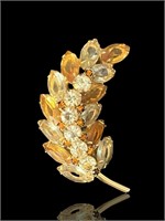 14k Gold Marquis Cut Diamond & Amber Feather Pin