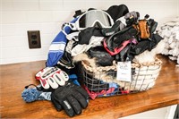 Wire Basket of Various Winter Gloves, Mask, Hats,