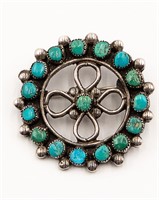 Navajo Sterling Round Turquoise Cluster Brooch Pin