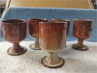 Vintage 5 Brown Pottery Small Goblets - 3"