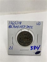 1865 / 18 2 cent piece repunched date