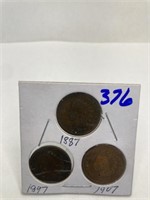 3 Indian Cents 1887-1897-1907