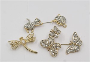 3 VINTAGE ANIMAL THEMED GOLD TONE & CRYSTAL PINS