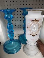 Hand-blown Vase & Pr. of Blue Glass Candlesticks