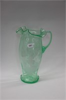 GREEN GLASS FRILLED PAINTED WATER PITCHER 11"