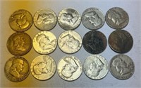 15 Franklin Half Dollars, 1950-60s