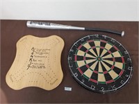 Dart board, soft ball bat, and game