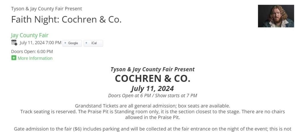 4 Track Seat Tickets to Cochren & CO. Concert