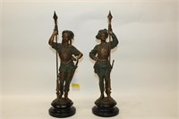 Pair 17.5" Metal Statues holding spears (one