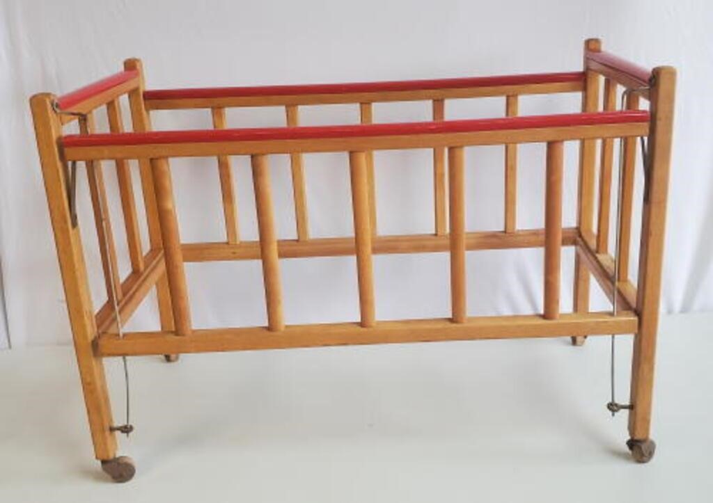 Vintage Baby Crib drop side, wooden casters