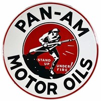 PAN AM MOTOR OILS DOUBLE SIDED PORCELAIN SIGN