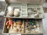 Vintage Jewelry Box w/ Troll Doll, Pin, Earrings,