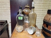 Antique bottles, Wedgwood plate, lamp base,