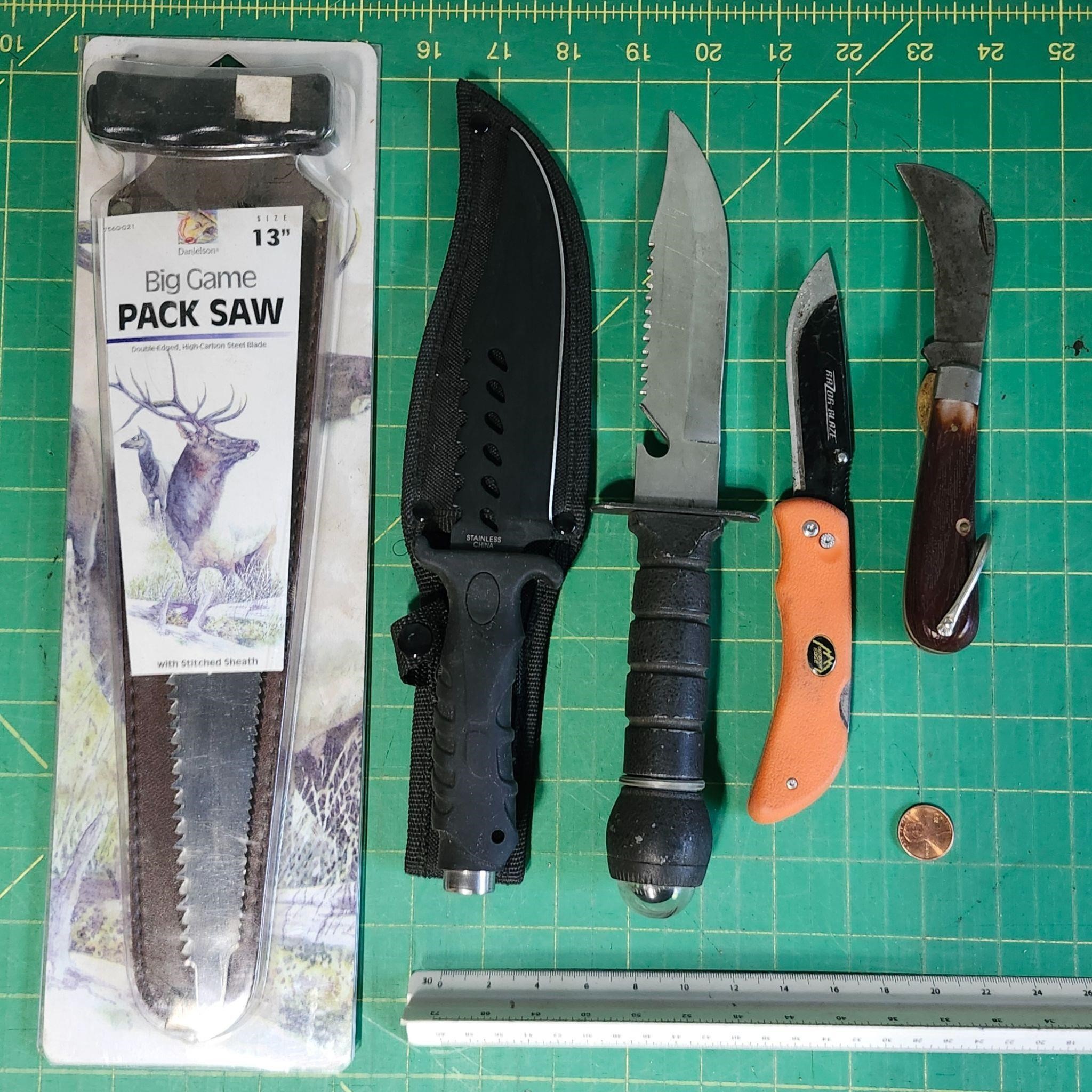 Hunting knives, pack saw, pocket knives