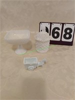 Milk glass compote and misc. 3 count items.