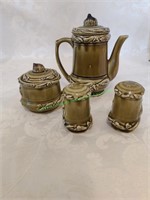 Green ceramic tea pot, sugar bowl, salt & pepper
