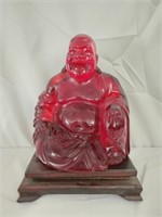Red Soap stone Buddha Sculpture on Wood Stand
