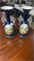 Pair of Blue Porcelain Double Handle Vases