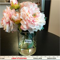 Faux flowers set in resin, glass vase