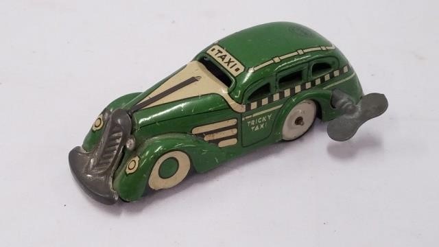 Lot - Vintage 1938 Marx Toys Tricky Taxi Tin Lithographed Wind Up Car w/  Original Box WORKS