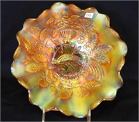 N's Peacock at Urn 10" ruffled bowl - marigold