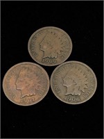 Three Antique 1C Indian Head Penny Coins- 1906,