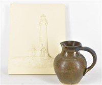 Signed Art Pottery Pitcher Plus Resin Lighthouse