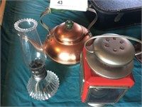2 Contemporary Lanterns and Copper Tea Kettle