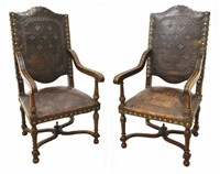 (2) FRENCH LOUIS XIV STYLE WALNUT & LEATHER CHAIRS