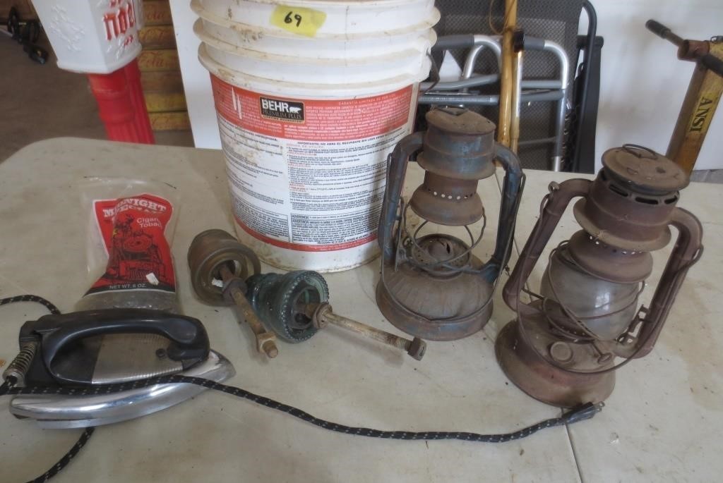 2 barn lanterns, iron, electric insulators