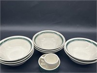 (8) Blue Striped Stoneware Bowls + Mug & Ramekin