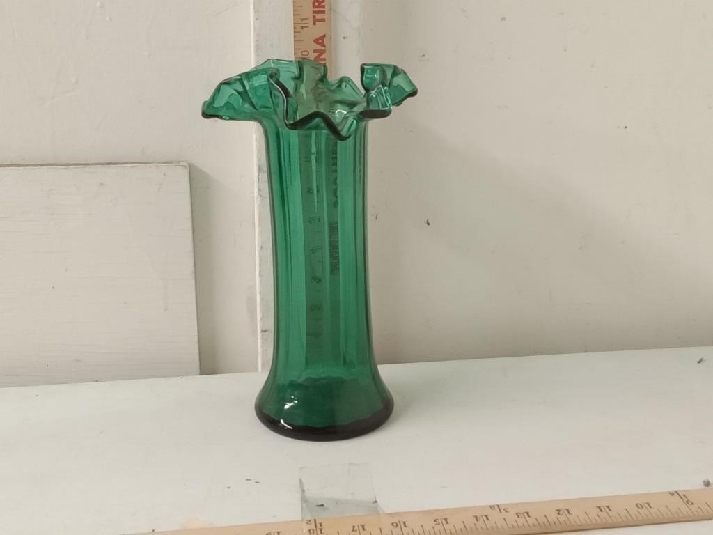 MCM green blown glass ruffled top vase