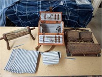 PICNIC BASKET,WOOD/WICKER SHELF, & FOOTSTOOL