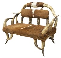 WESTERN STYLE SIGNED HORN FRAME COWHIDE BENCH