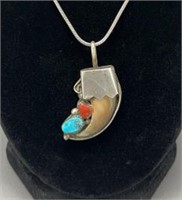 Sterling Silver Bear Claw Turquoise & Coral