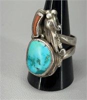 Sterling Silver Navajo Turquoise & Coral ring s.11