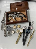 Wooden Trinket Box with Assorted Watches and Bands