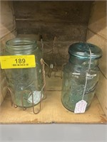 (2) Antique Blue Ball Jars & Wire Holders