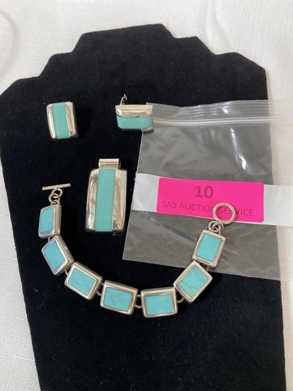 Turquoise and silver bracelet, pendant, and clip