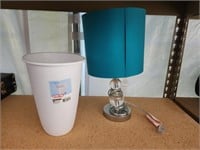 Decorative modern desk lamp and Sterilite trash