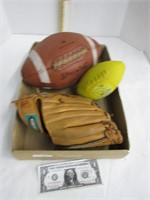 Football, baseball glove, nerf football