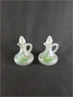 2 Frosted Glass Cruets with Hand Painted Leaf