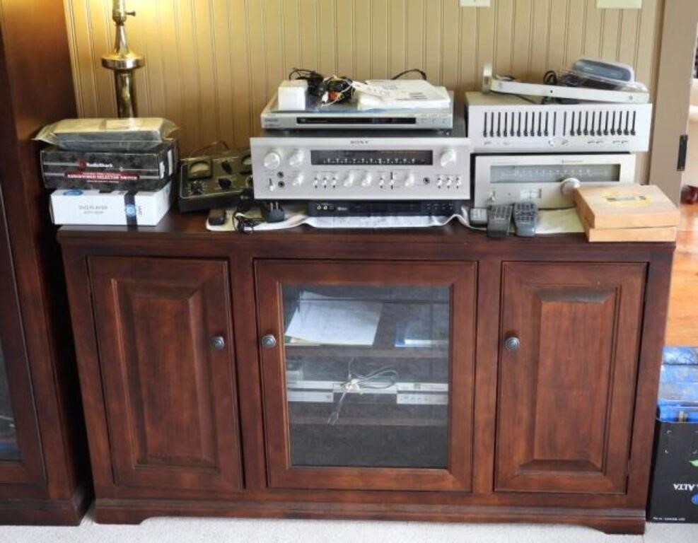 Three door audio/video cabinet and contents and