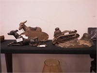 Five metal items including dog figurines, donkey