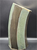 Signed Studio Pottery Curved Vase, Green & Black